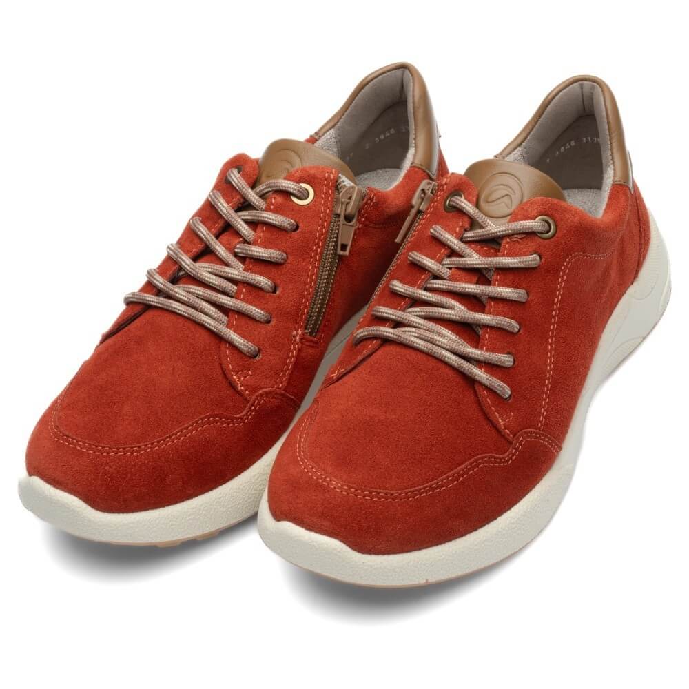 A pair of ara red suede low-top sneakers with beige laces, side zippers, and off-white soles, shown on a white background.
