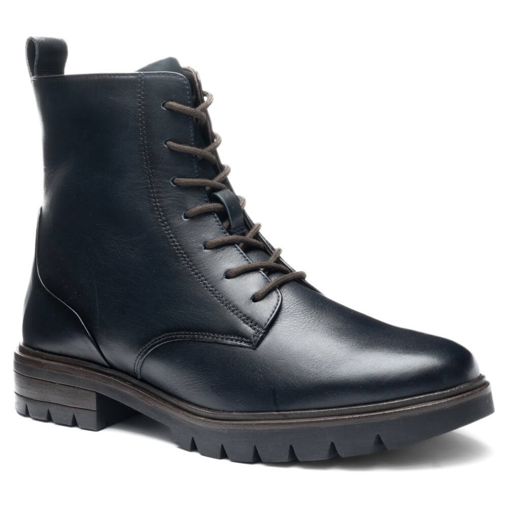 Ara dark navy blue leather lace-up ankle boot with a chunky lug sole, shown from a three-quarters angle on a white background.