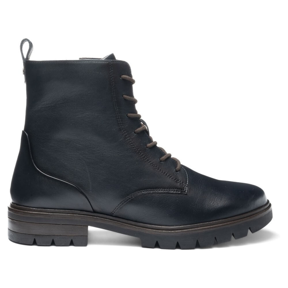 Ara single navy leather lace-up ankle boot with a chunky lug sole and low block heel, shown in a side profile on a white background.