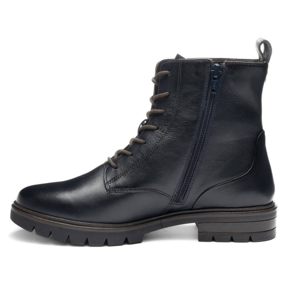 Ara navy leather lace-up ankle boot with a side zipper, dark brown laces, and a chunky lug sole, shown from a side profile on a white background.