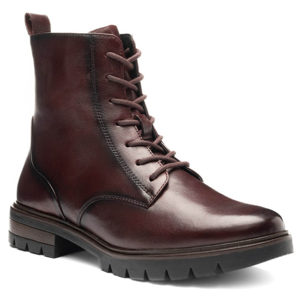 Ara dark brown leather lace-up ankle boot with a chunky black lug sole, shown from a three-quarters angle on a white background.