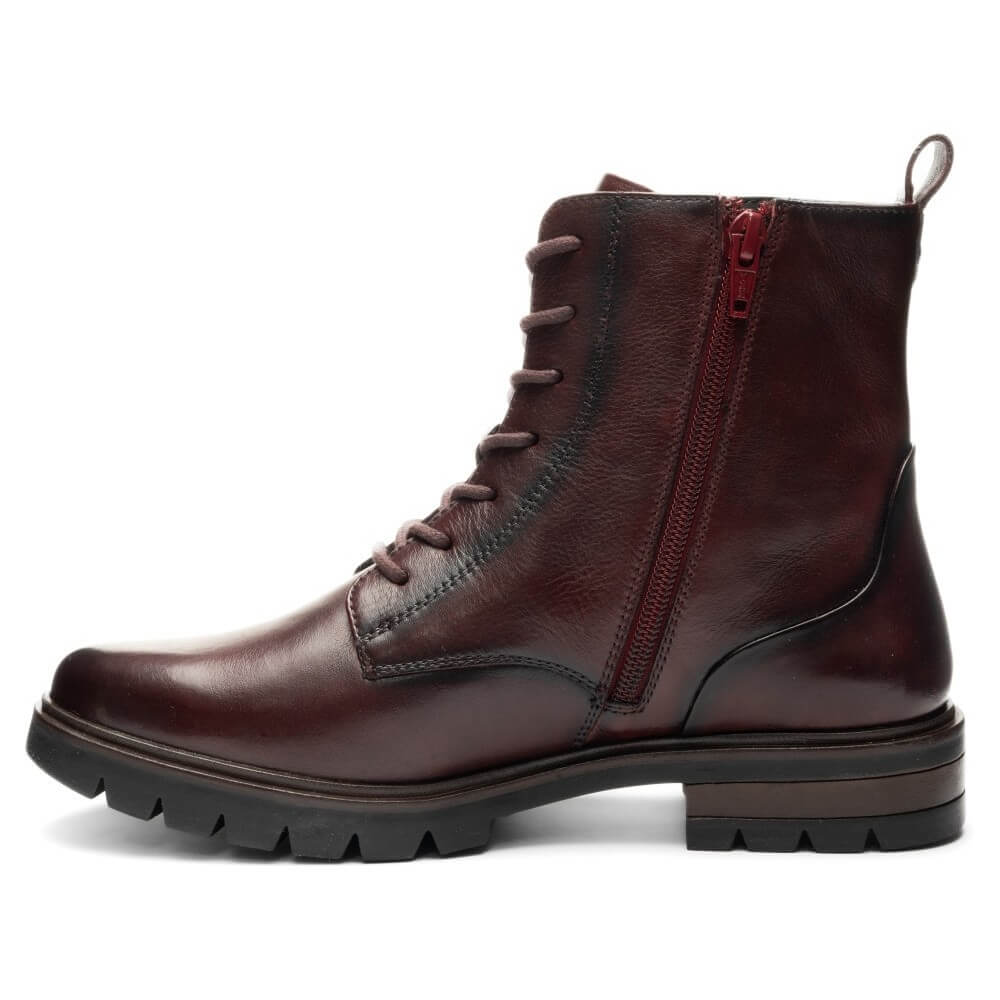 Ara dark brown leather lace-up ankle boot with a side zipper, black sole, and a red zipper pull, shown from a side profile on a white background.