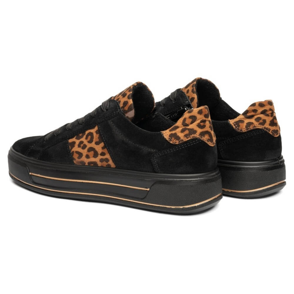 Ara Black sneakers with leopard print accents on a white background