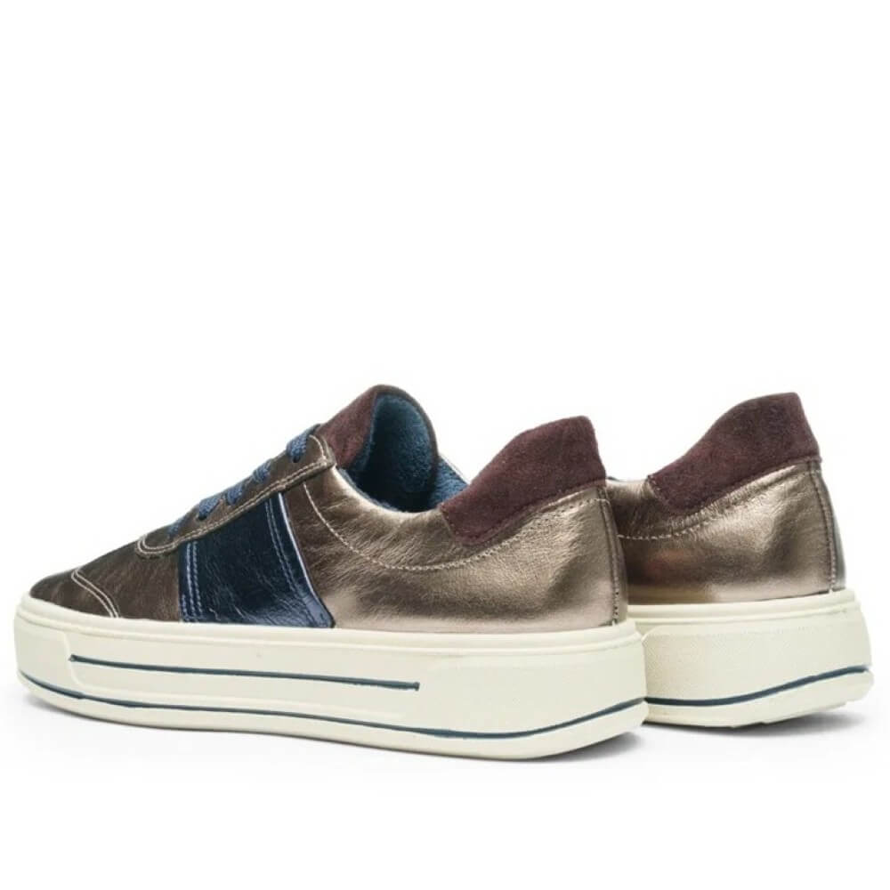 Pair of metallic sneakers with brown and blue accents on a white background Ara Canberra 12-23012 leather trainers cashmere blue amarone h fit