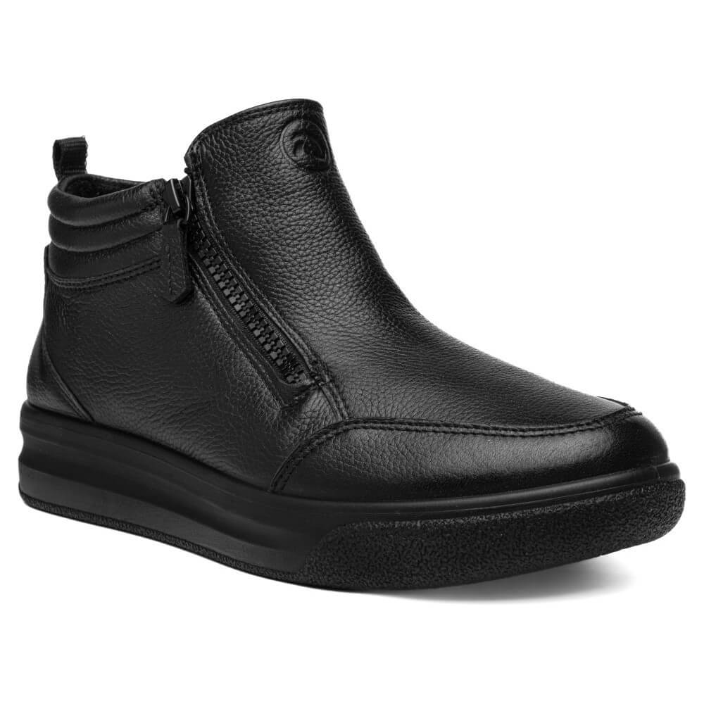 Ara black pebbled leather ankle boot with double side zippers, shown from a three-quarters angle on a white background.