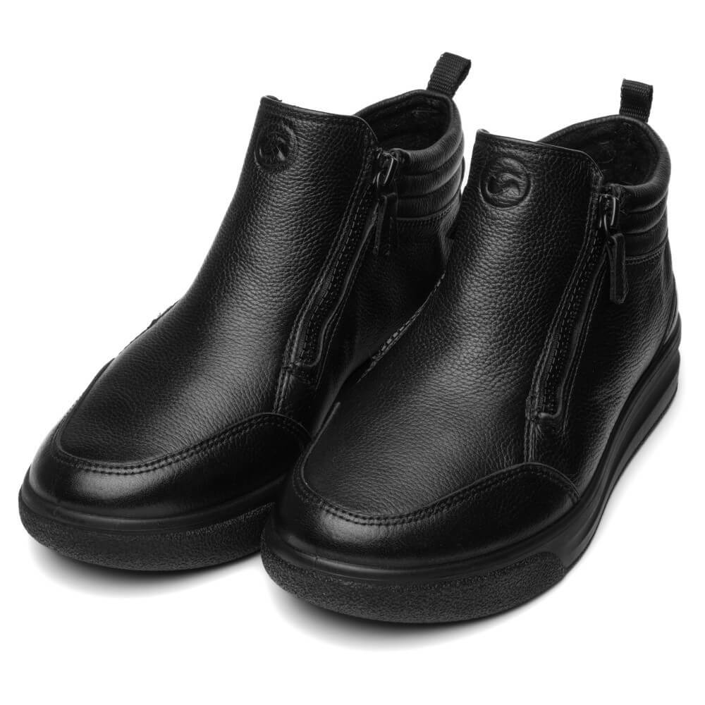 A pair of Ara black pebbled leather ankle boots with double side zippers, shown on a clean white background.