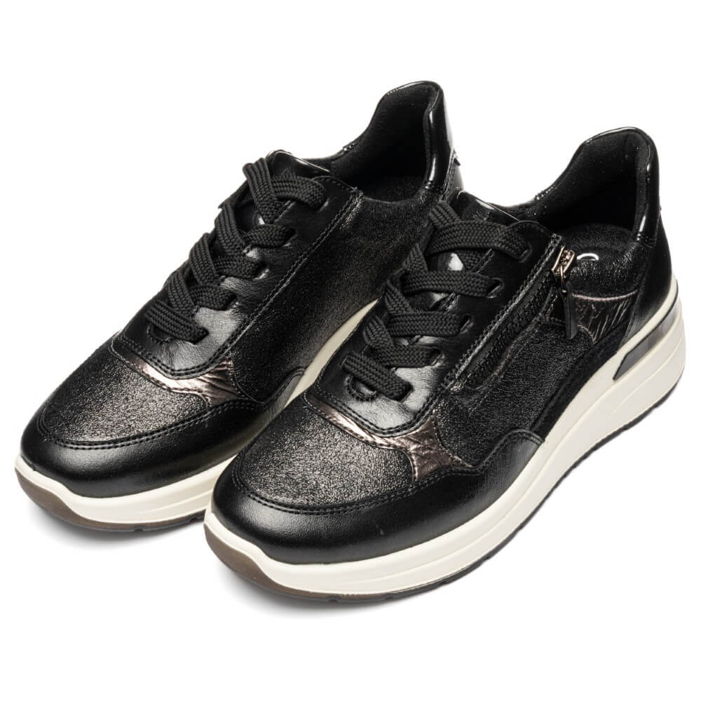 Black and silver sneaker with a thick wedge white sole on a white background Ara Garda Wedge Trainers 12-57702 H Fit
