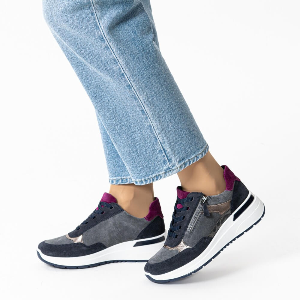 Gray and navy sneaker with a white sole on a white background Ara Garda Wedge Trainers 12-57702 H Fit