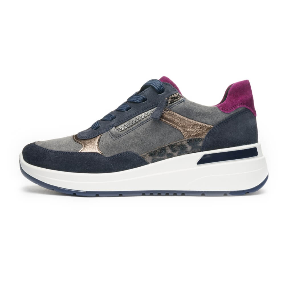 Gray and navy sneaker with a white sole on a white background Ara Garda Wedge Trainers 12-57702 H Fit
