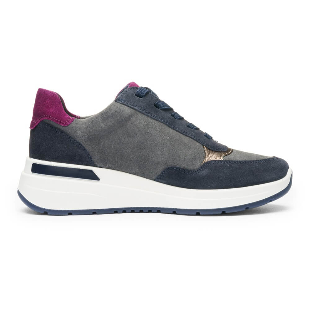 Gray and navy sneaker with a white sole on a white background Ara Garda Wedge Trainers 12-57702 H Fit