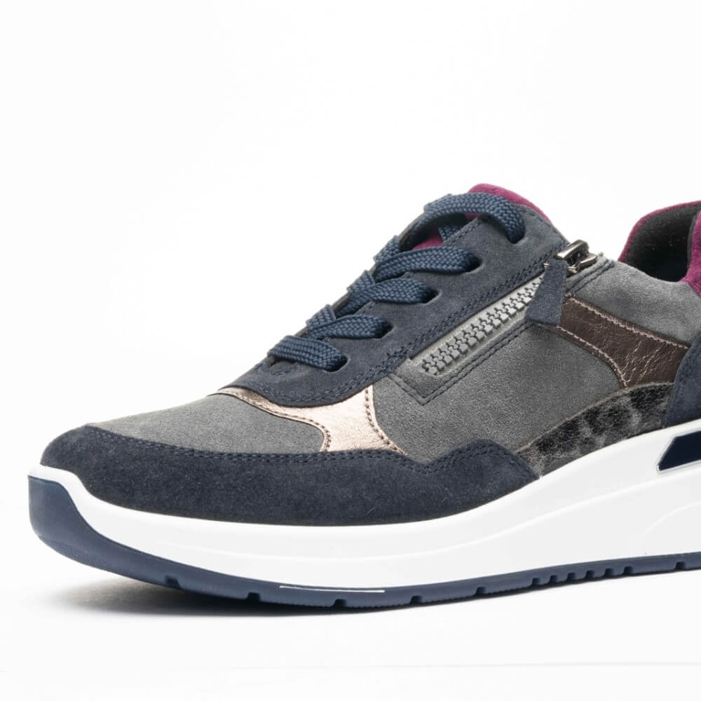 Gray and navy sneaker with a white sole on a white background Ara Garda Wedge Trainers 12-57702 H Fit