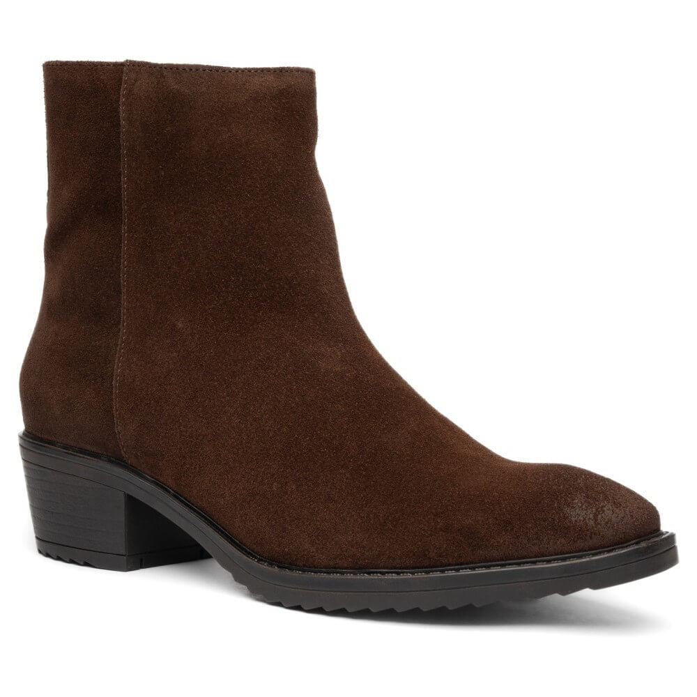 Ara dark brown suede ankle boot with a low black block heel and a black textured sole, shown from a three-quarters angle on a white background.