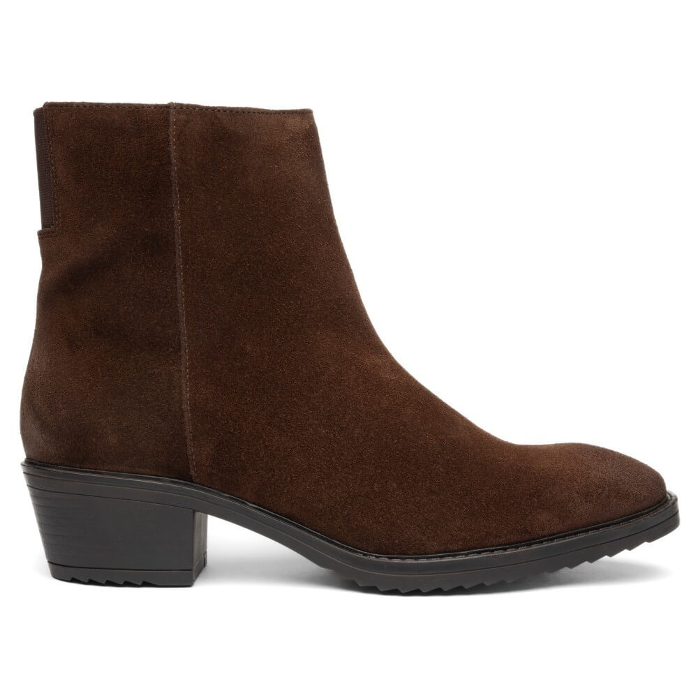 Ara brown suede ankle boot with a black block heel and black sole, shown in a side profile view against a white background.