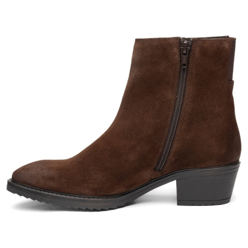 Ara brown suede ankle boot with a black block heel and side zipper, shown from a side profile view on a white background.