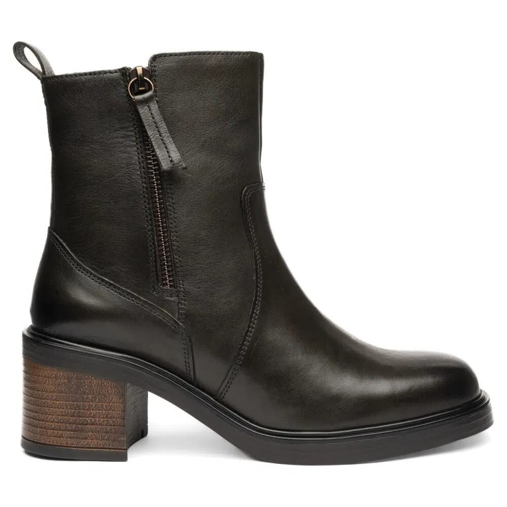 Ara Dark Green leather ankle boot with a side zipper, pull tab, and a stacked block heel, shown from a side profile on a white background.