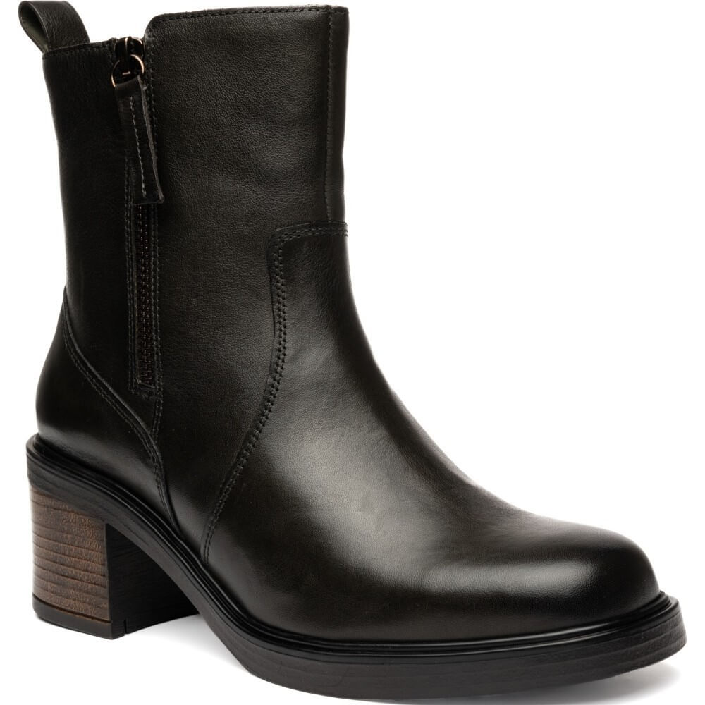 Ara Dark Green leather ankle boot with a side zipper, pull tab, and stacked block heel, shown from a three-quarters angle on a white background.