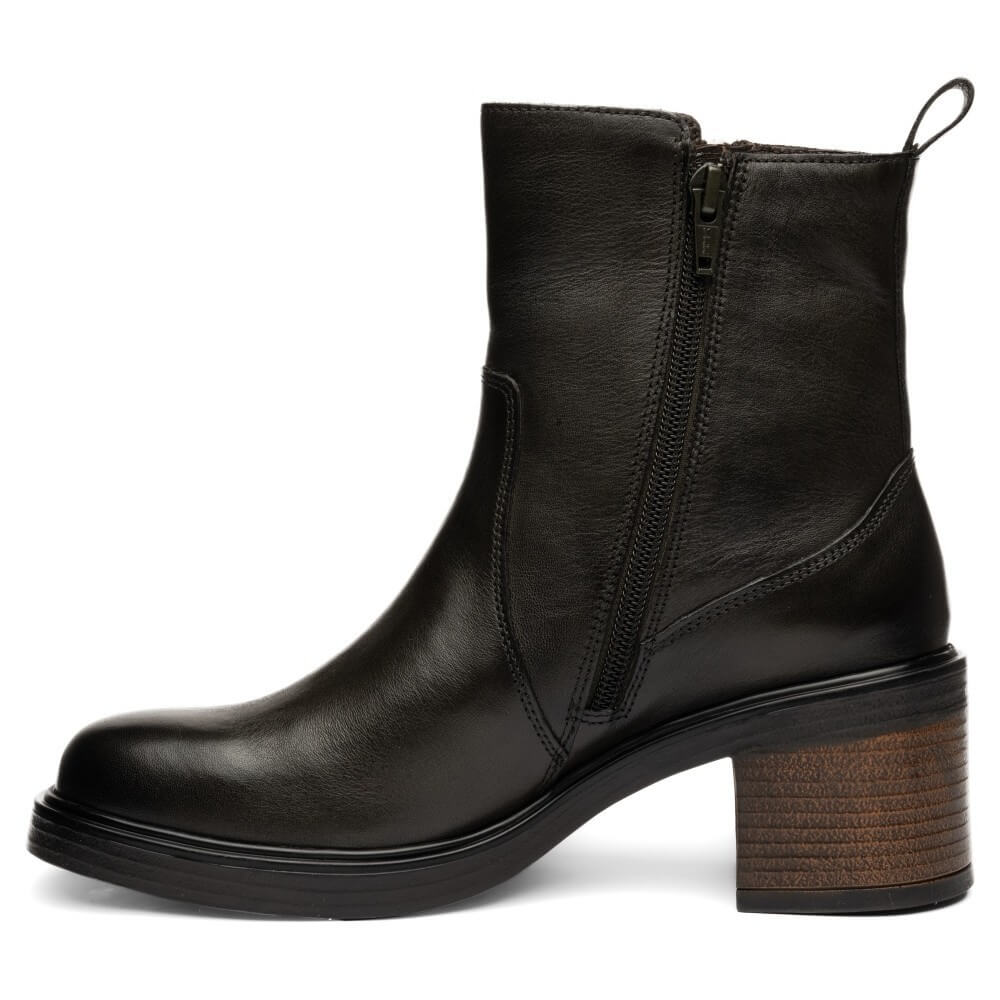 Ara Dark Green leather ankle boot with a side zipper, a chunky brown block heel, and a pull loop at the back, shown from a side profile on a white background.