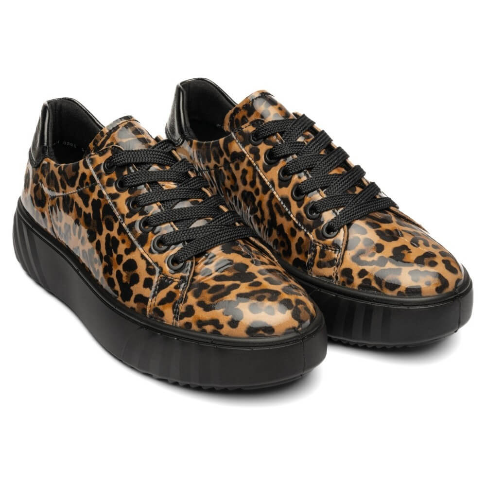 A pair of Ara low-top platform sneakers featuring a brown and black leopard print upper with black laces and thick black platform soles, shown against a plain white background.