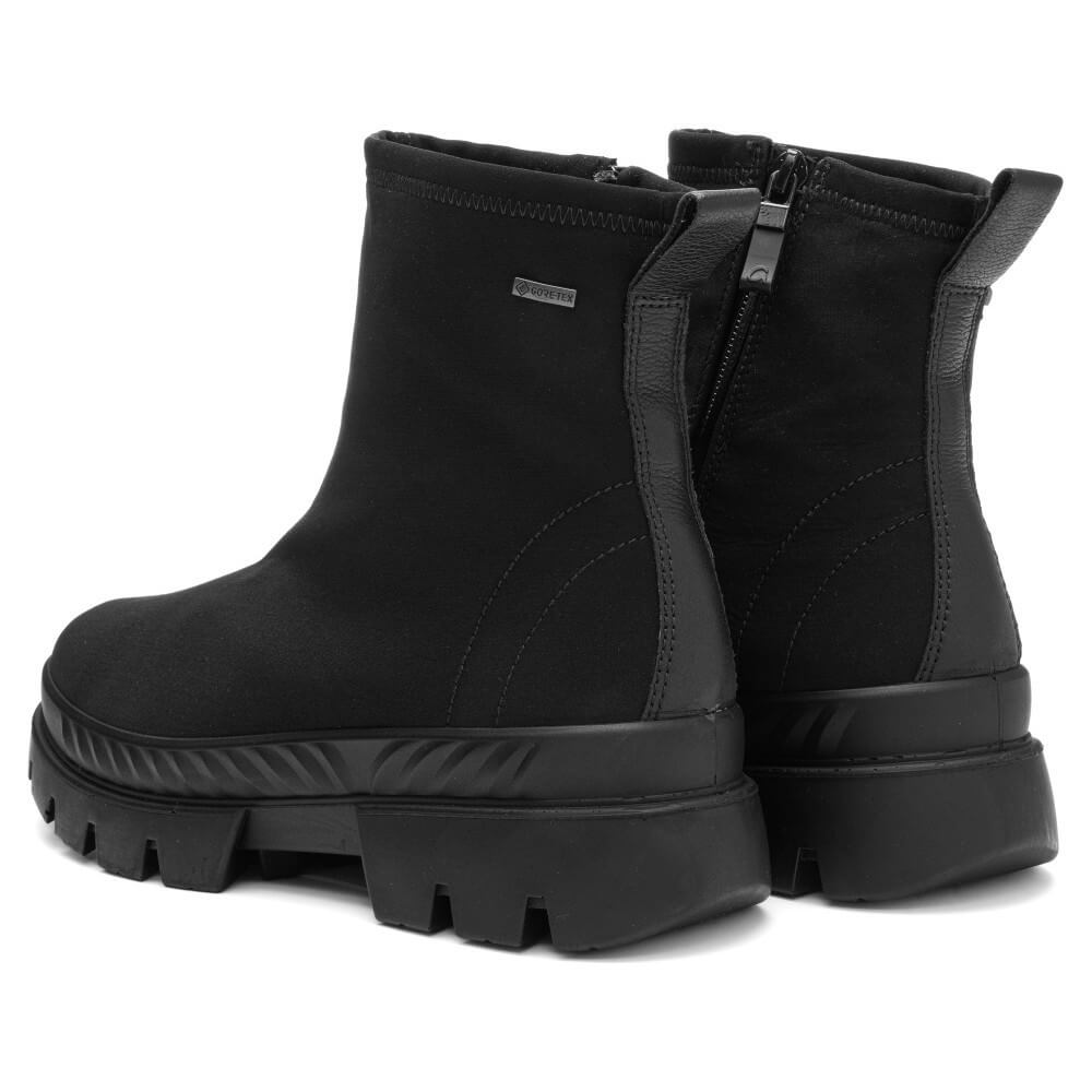 A pair of Ara Gore-Tex black ankle boots with chunky lug soles and side zippers, shown from the side against a white background.