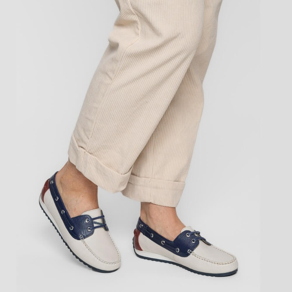 Ara New Port 12-27704 Leather Boat Shoes Cream Ink Blue