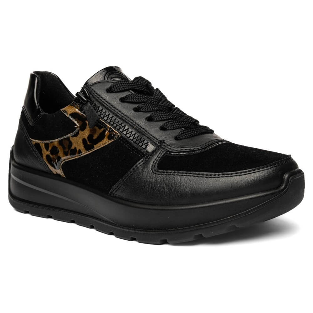 Ara black leather low-top sneaker with a brown and black leopard print accent panel on the side, shown in a side profile view against a white background.