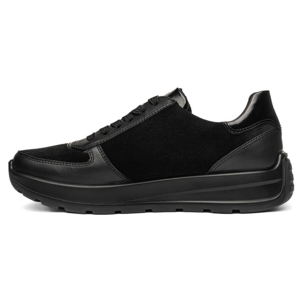 Ara black leather low-top sneaker with a brown and black leopard print accent panel on the side, shown in a side profile view against a white background.