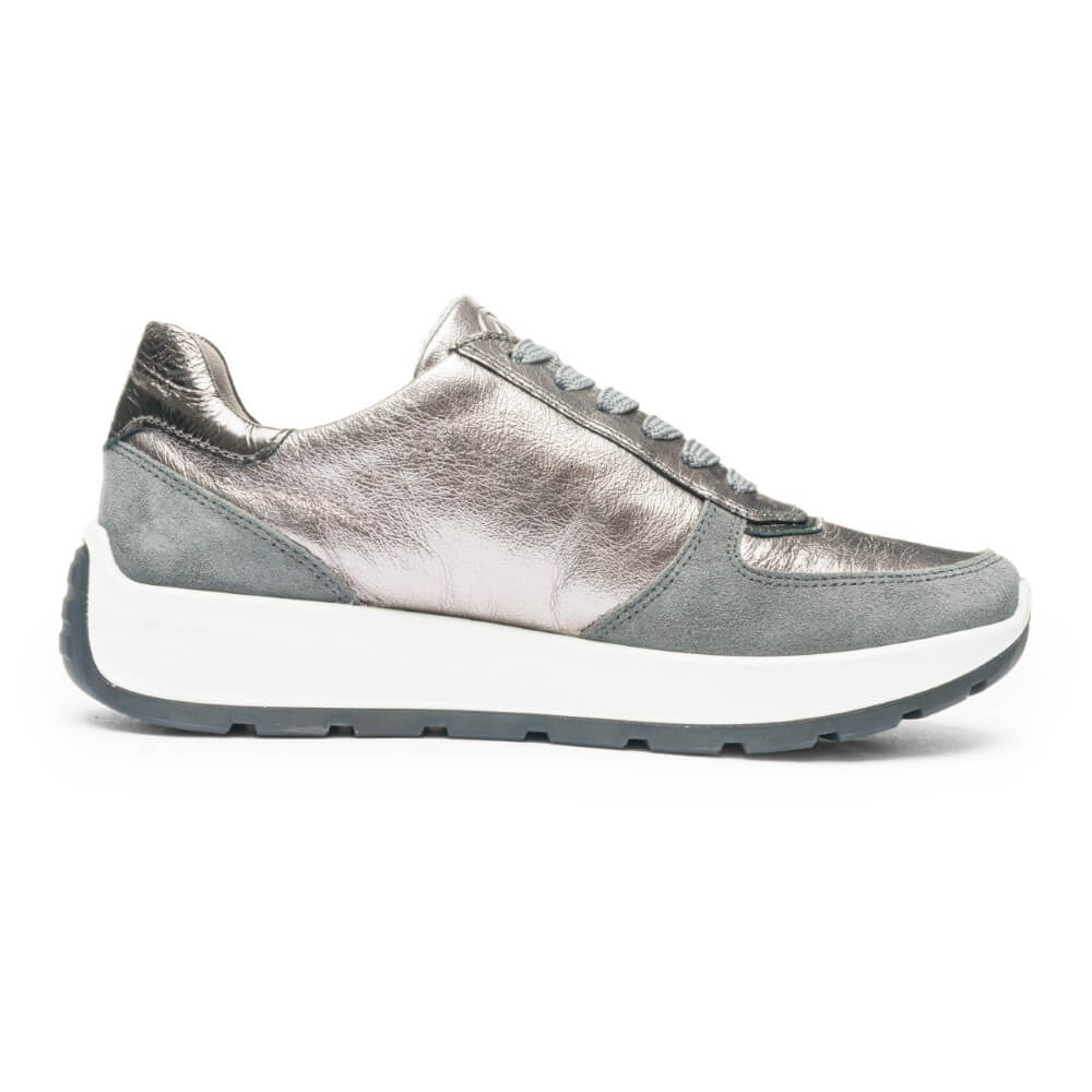 Silver Grey  sneaker with white sole on a white background Ara New York Trainers 12-25112-GRAPHITE