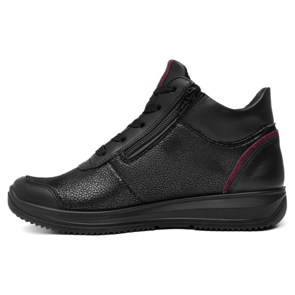 Ara black hi-top sneaker with laces and a side zip, shown in a side profile on a white background.