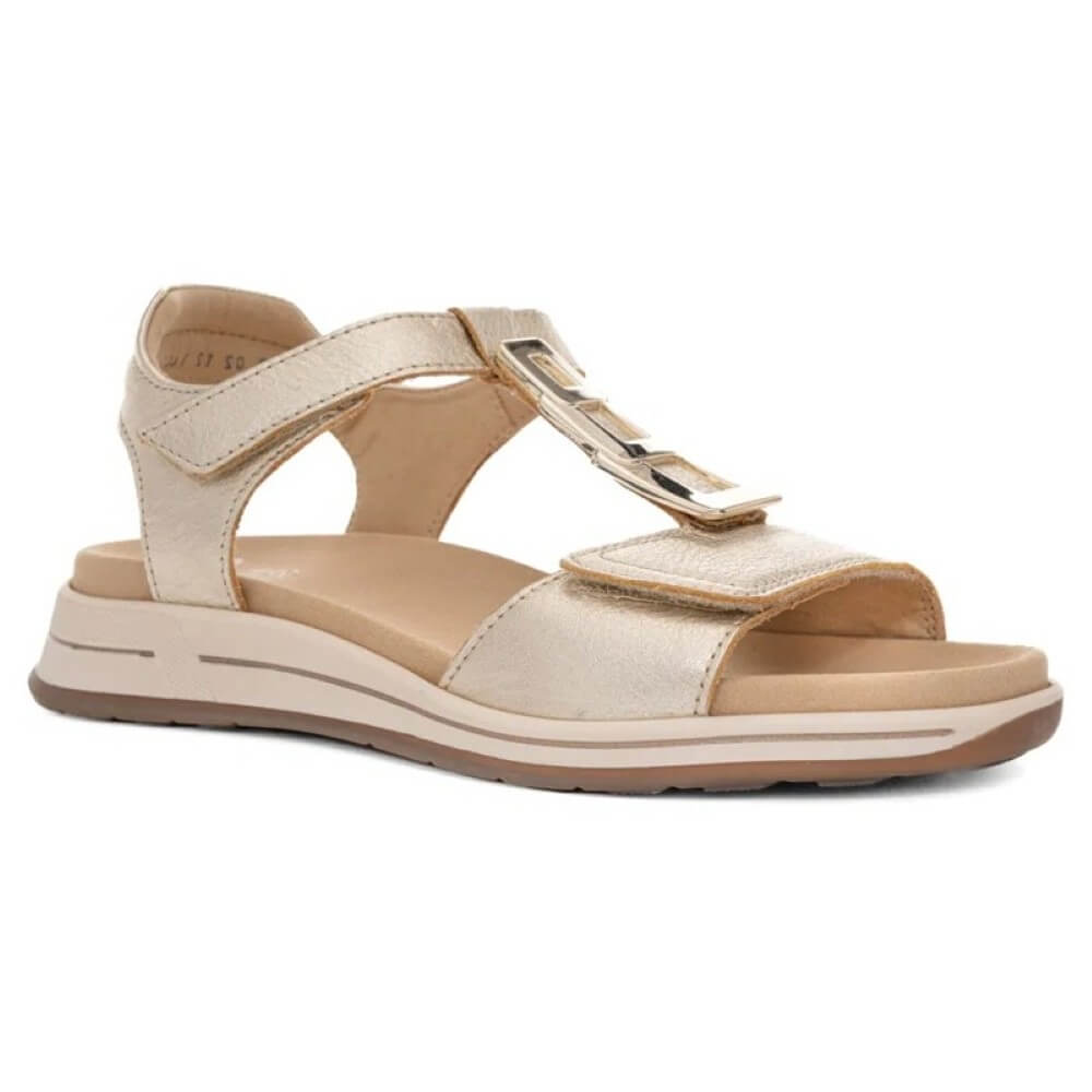 Ara Gold Beige sandal with a Velcro strap on a white background