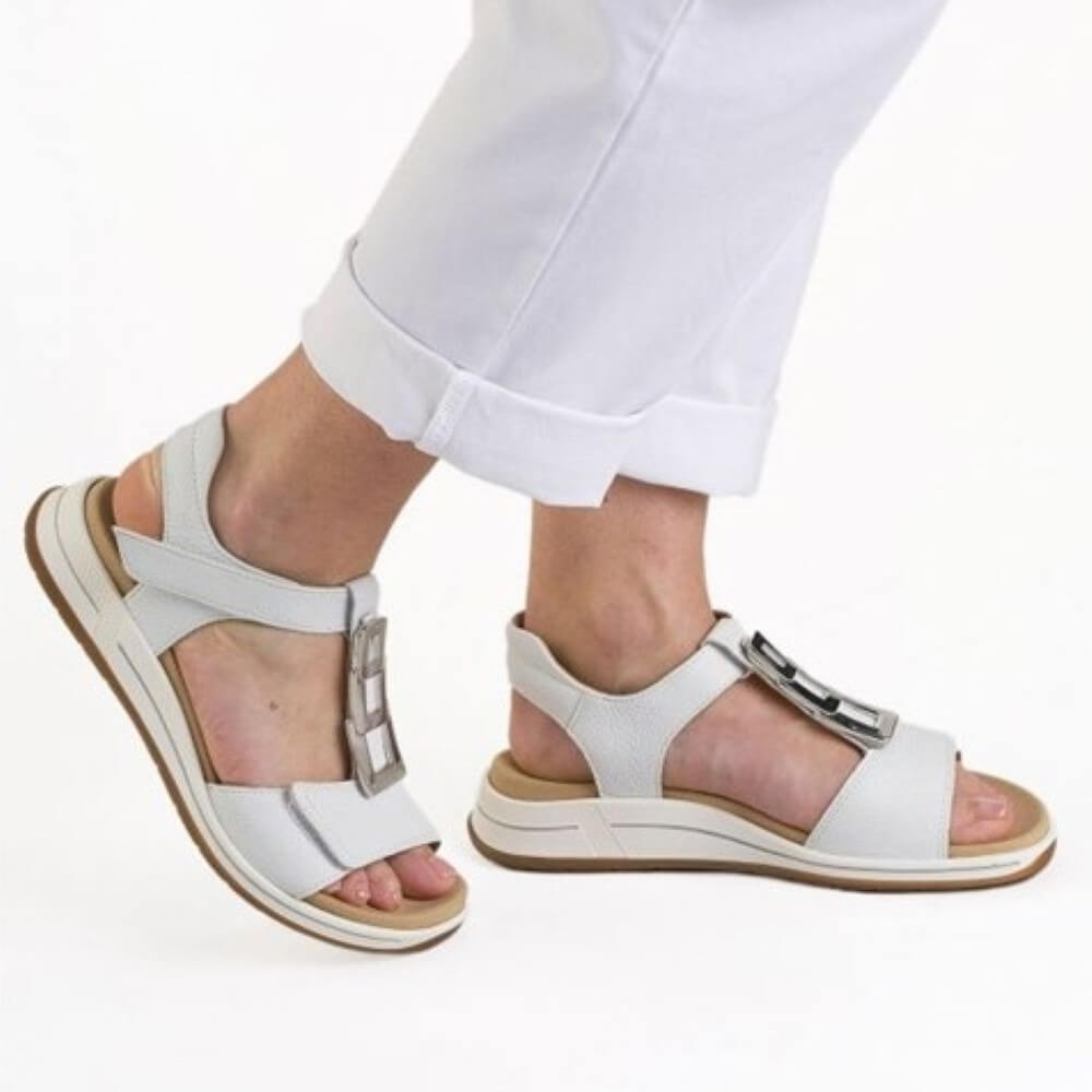 person wearing Ara White Leather Velcro sandal 
