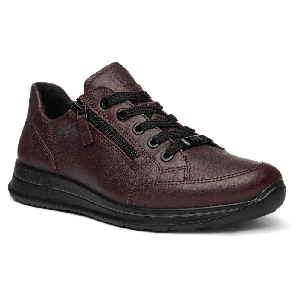 Ara low-top leather sneaker in a deep burgundy colour, featuring dark laces, a black zipper, and a black sole, shown on a plain white background.