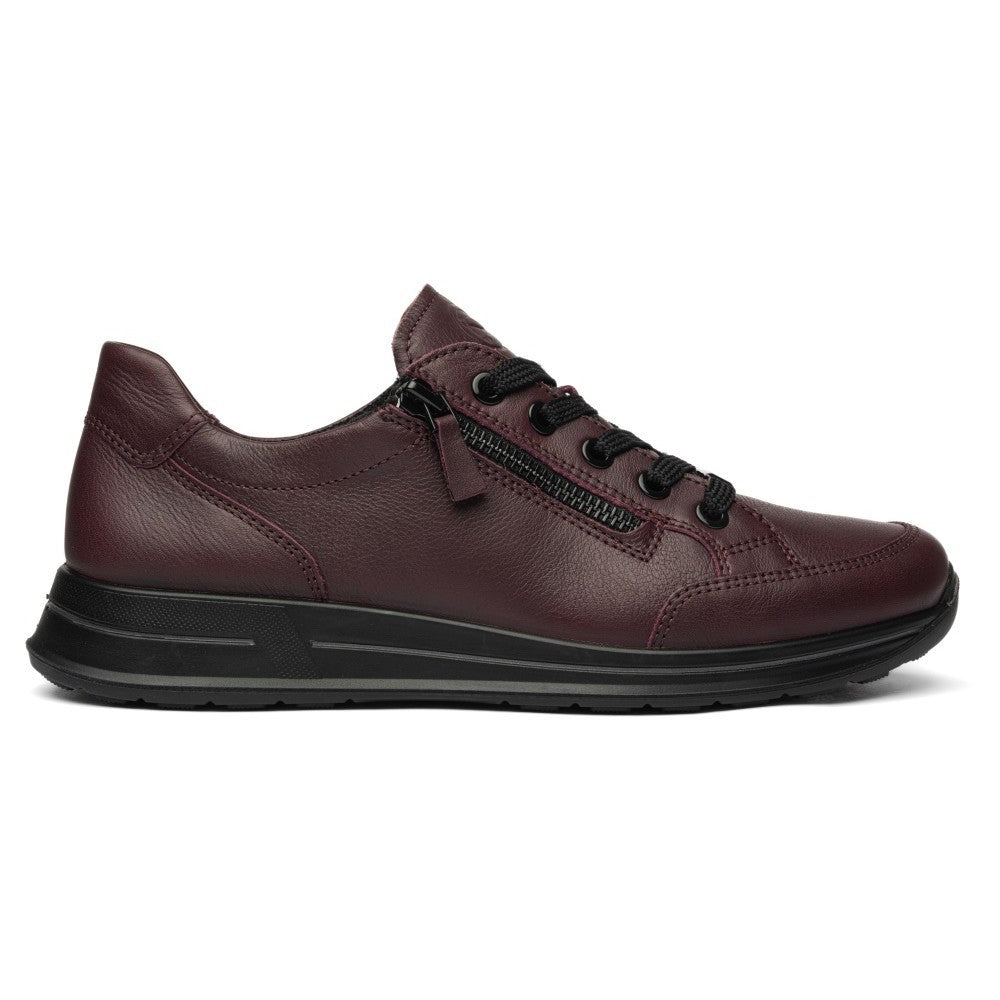 Ara low-top leather sneaker in a deep burgundy colour, featuring dark laces, a black zipper, and a black sole, shown on a plain white background.