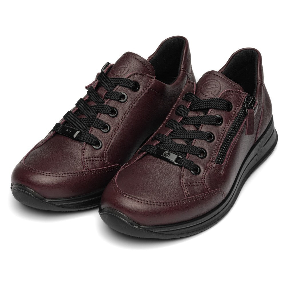 Ara low-top leather sneaker in a deep burgundy colour, featuring dark laces, a black zipper, and a black sole, shown on a plain white background.