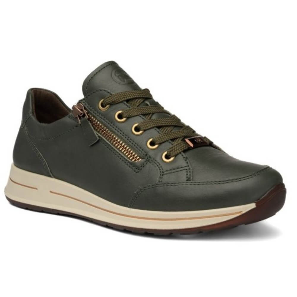 An ara olive green leather low-top sneaker with a side zipper, brown laces, and a beige midsole, shown in profile against a white background.