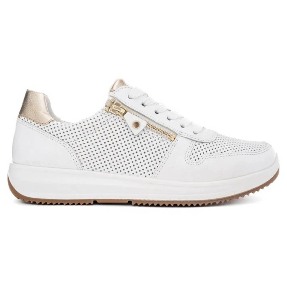 White sneaker with gold accents on a white background