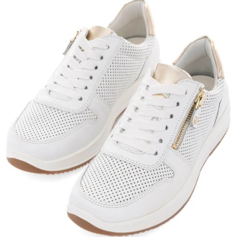 White leather sneaker with gold zip and accents ara osaka