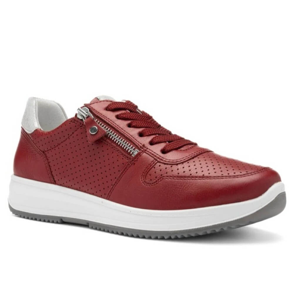 Red sneaker with a white sole on a white background