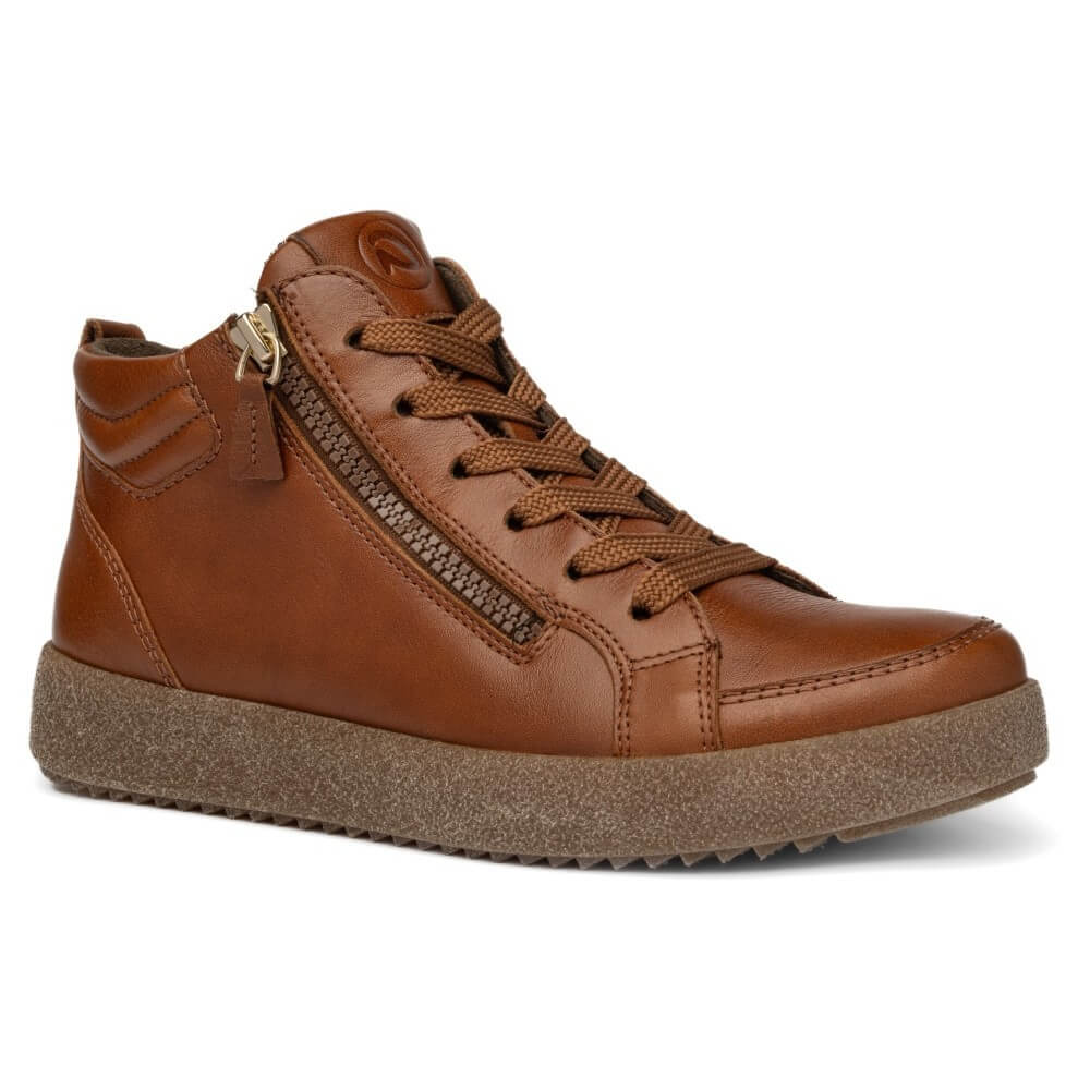 Ara brown leather high-top sneaker with a side zipper, brown laces, and a thick textured brown sole, shown from a three-quarters angle on a white background.