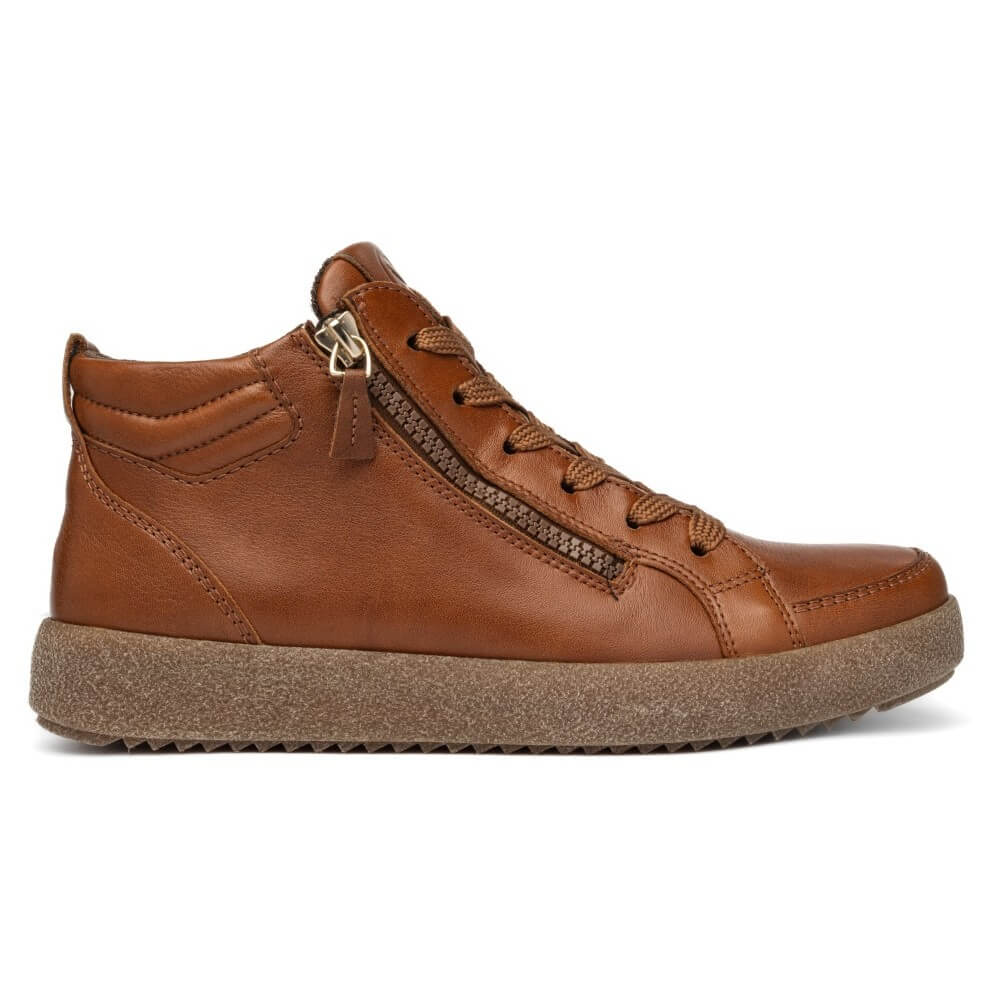 Ara brown leather high-top sneaker with a side zipper, brown laces, and a thick textured brown sole, shown from a side angle on a white background.