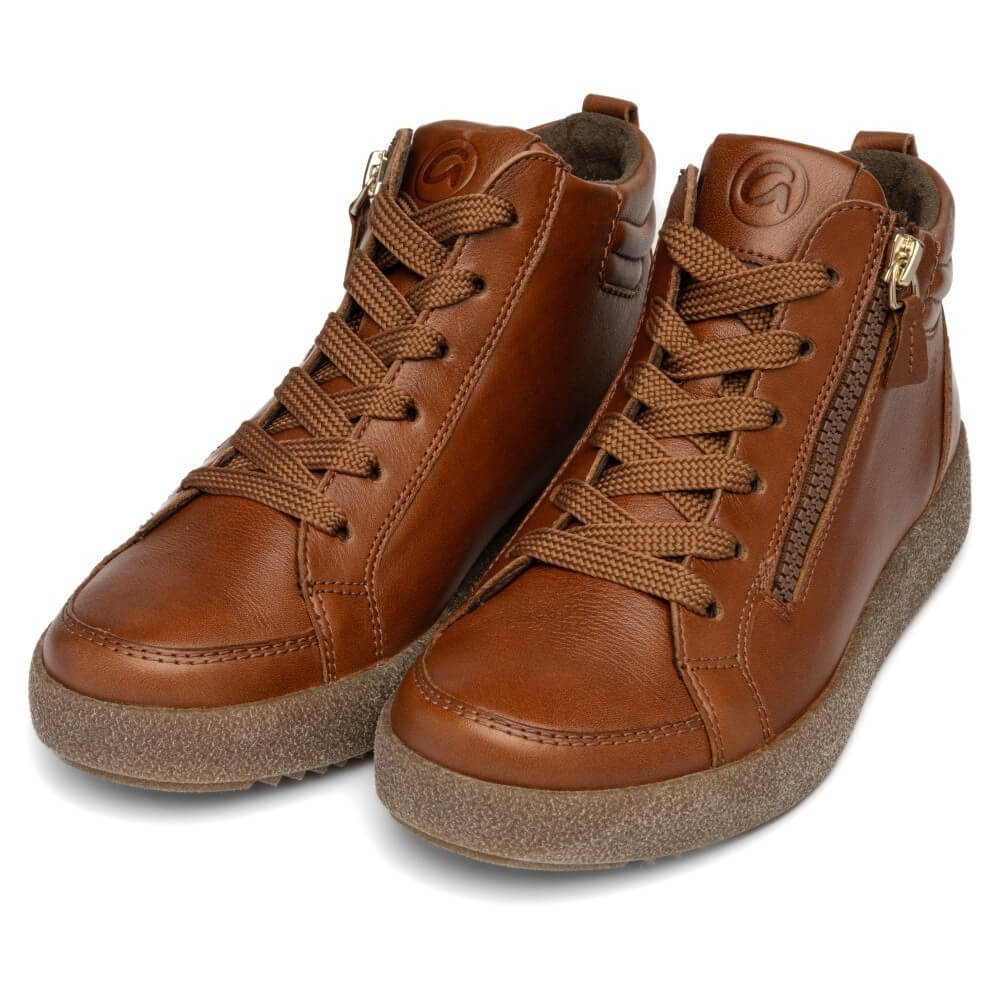 A pair of Ara brown leather high-top sneakers with matching brown laces, side zippers, and textured brown soles, shown on a white background.