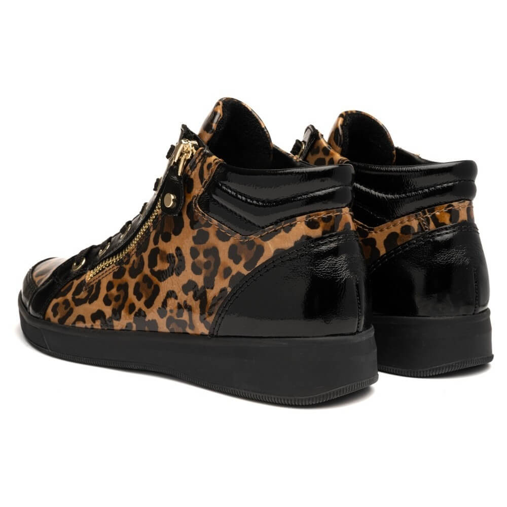A pair of ara high-top sneakers featuring a brown and black leopard print pattern on the sides, contrasted with glossy black patent leather panels on the toe and heel, black laces, and a black sole.