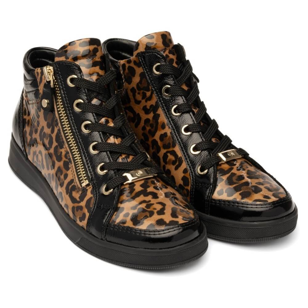 A pair of ara high-top sneakers featuring a leopard print pattern on tan and black, with black leather panels, black laces, and gold-tone hardware.