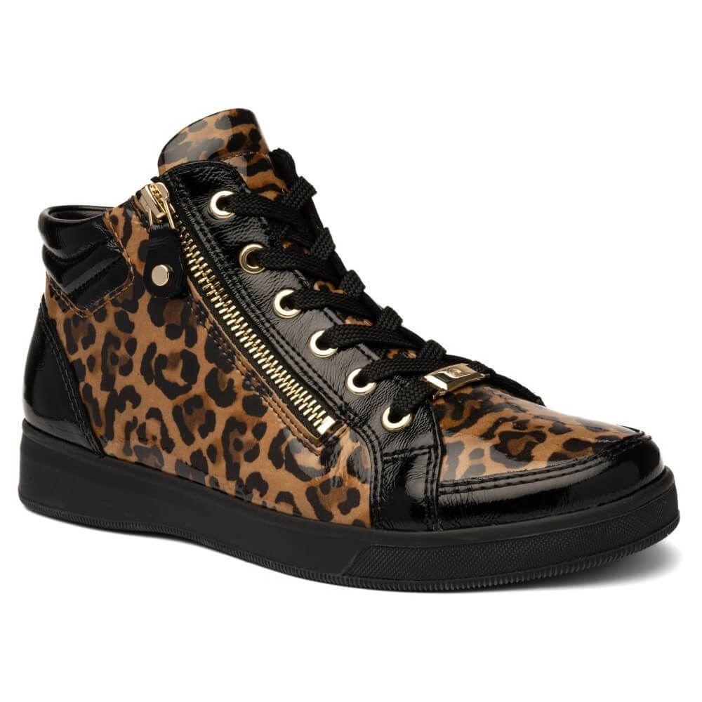 Ara high-top sneaker featuring a brown and black leopard print pattern on the side panels, black patent leather overlays, black laces, and a gold-tone side zipper, set against a plain white background.
