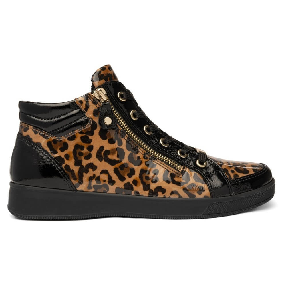 Ara high-top sneaker featuring a brown and black leopard print pattern on the side panels, black patent leather overlays, black laces, and a gold-tone side zipper, set against a plain white background.