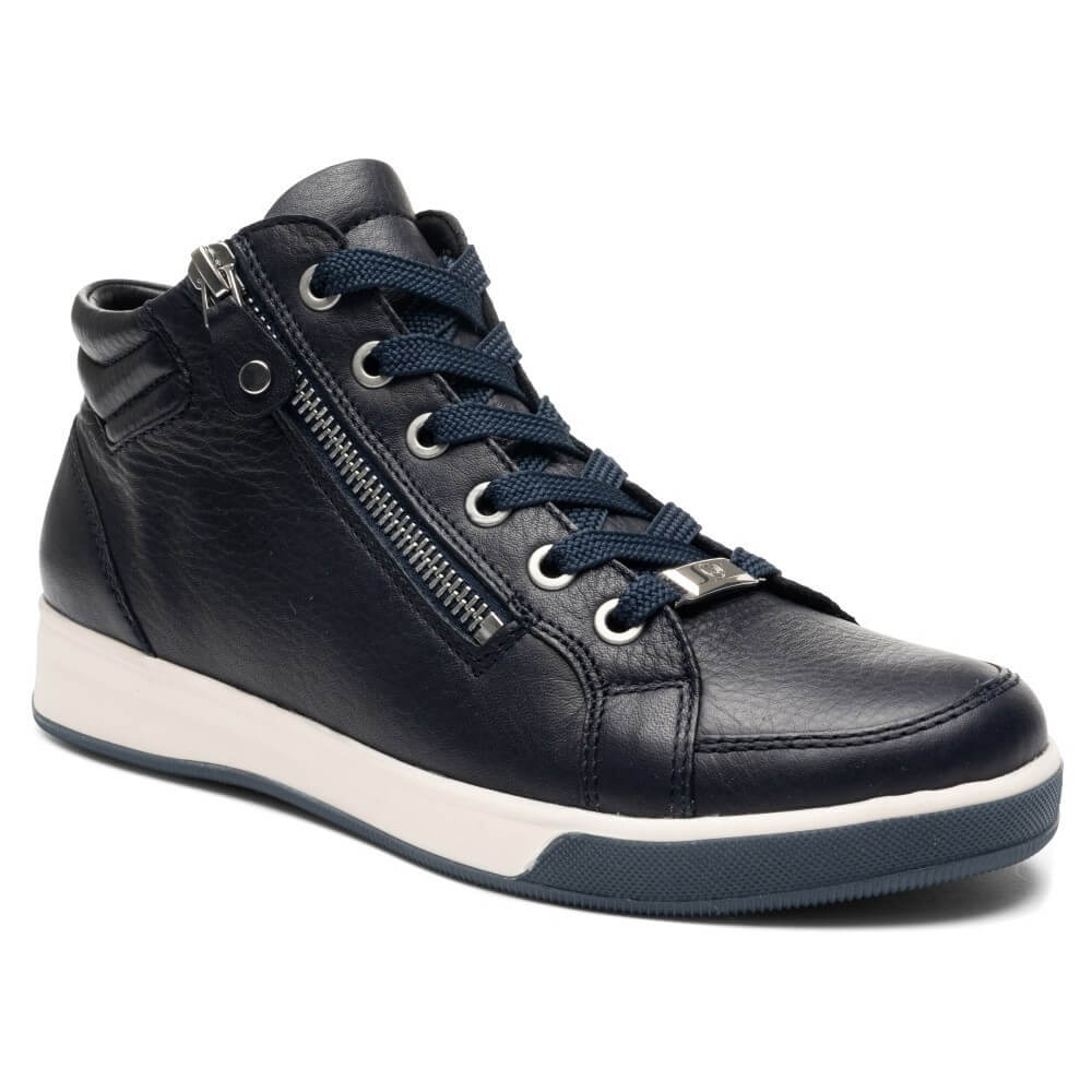 Ara Navy leather high-top sneakers with white soles, shown against a plain white background.