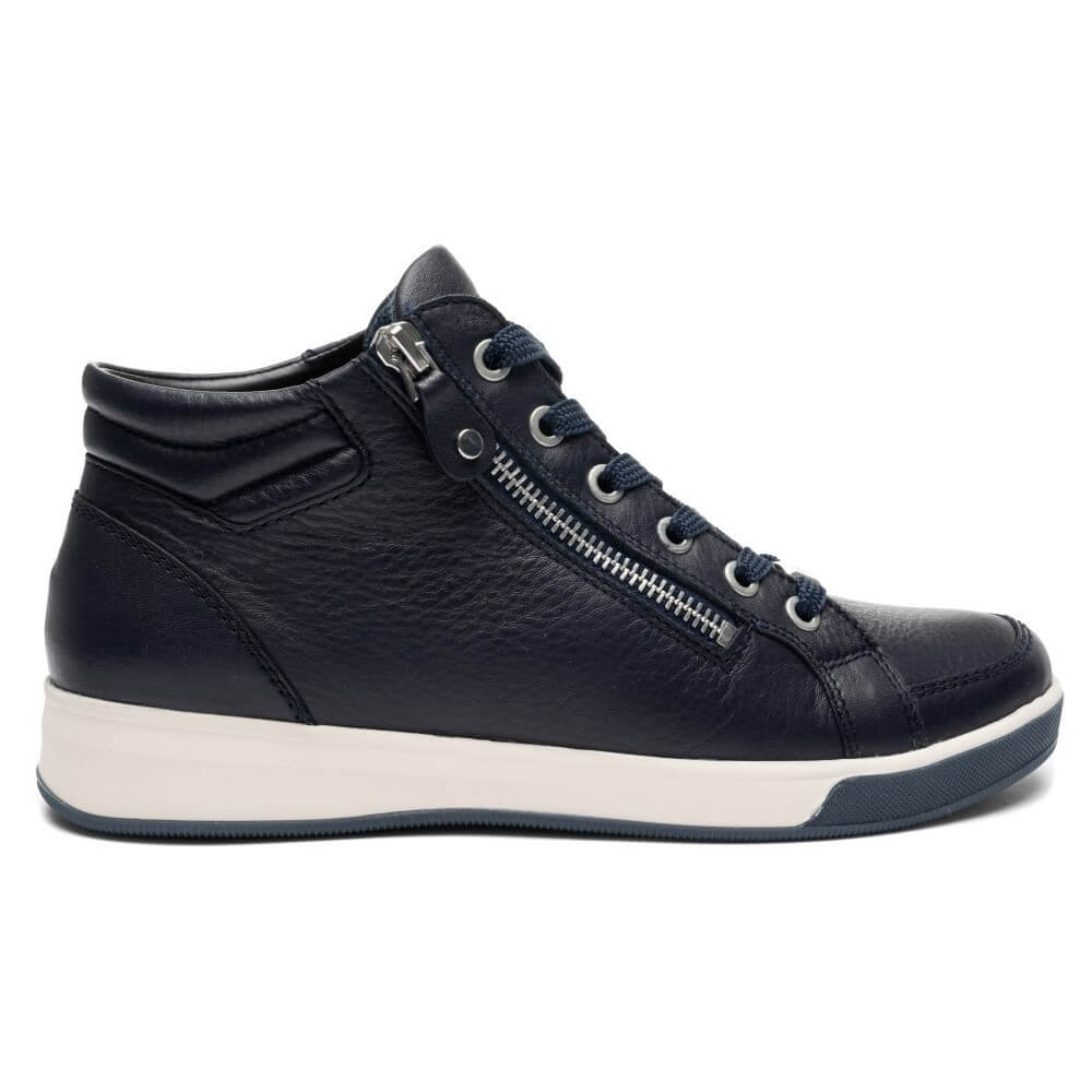 Ara Navy leather high-top sneaker with white soles, shown against a plain white background.