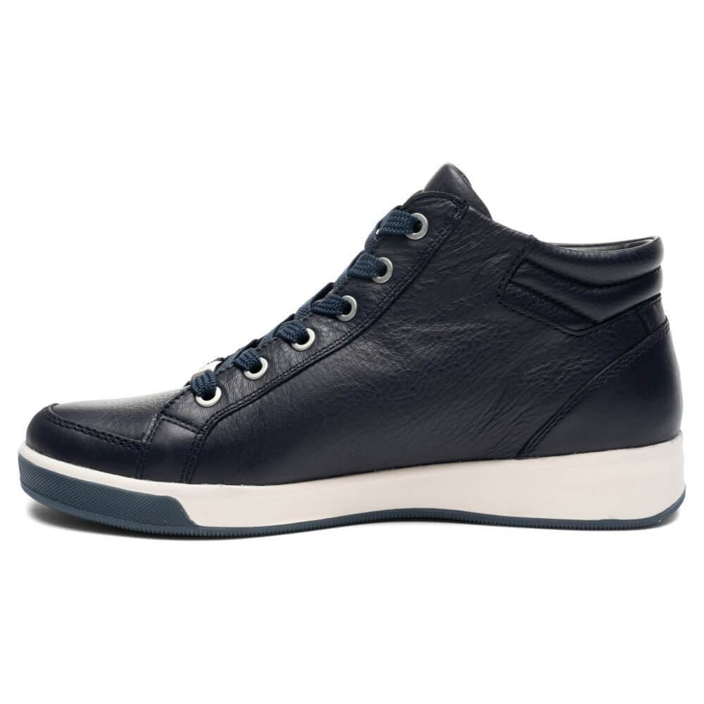 Ara Navy leather high-top sneakers with white soles, shown against a plain white background.