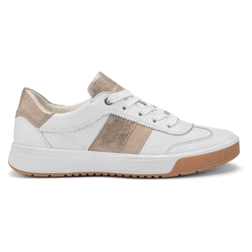 ara rom 12-50028 White sneakers with brown soles worn with beige pants on a white background