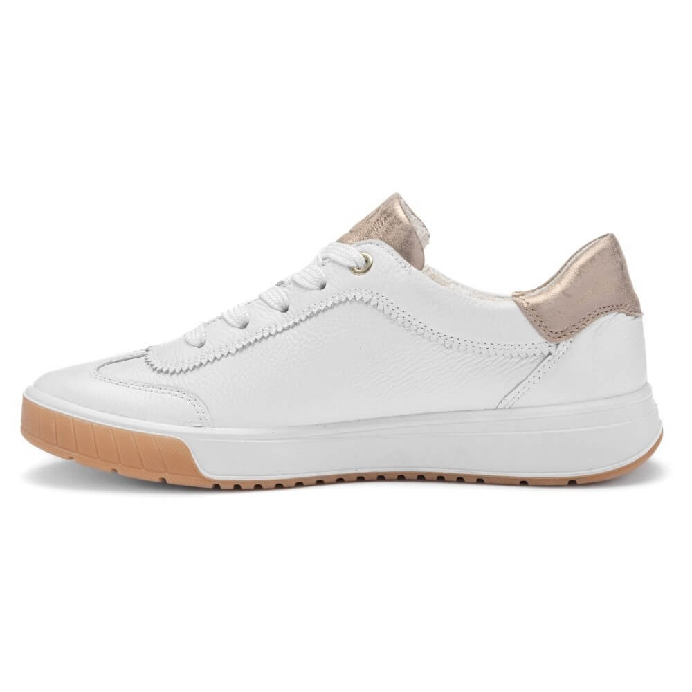 ara rom 12-50028 White sneakers with brown soles worn with beige pants on a white background
