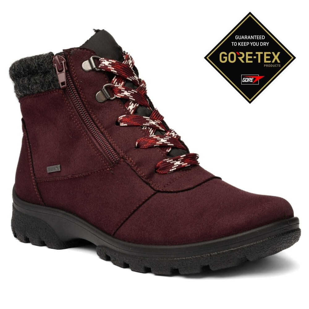 Ara burgundy suede ankle boot with a side zipper, red and white patterned laces, and a black sole, shown on a white background with a GORE-TEX waterproof badge in the top right.